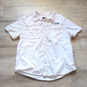 True Religion Rare Logo print Men's L Short Sleeve front pockets white Relaxed